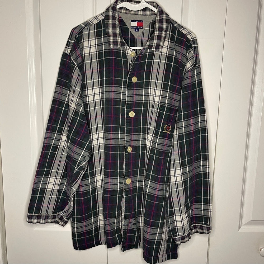 Vintage Tommy Hilfiger Sleep Gear Pajama Top Size Large Plaid Button Up Cotton